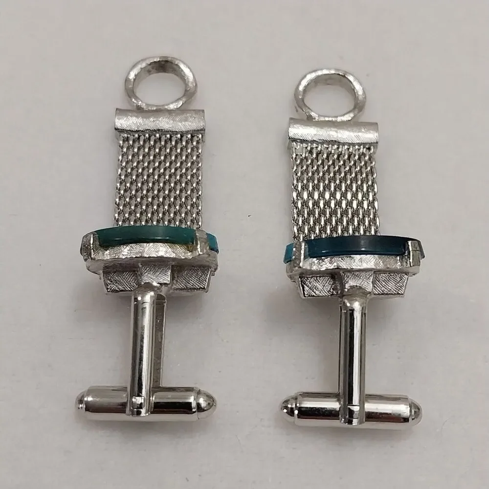 Vintage Dante Cufflinks Silver Tone With Faux Blue Agate Stone #J206